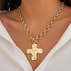 Hammered Gold Chunky Cross Statement Cross Pendant Necklace Layered Bold Classy